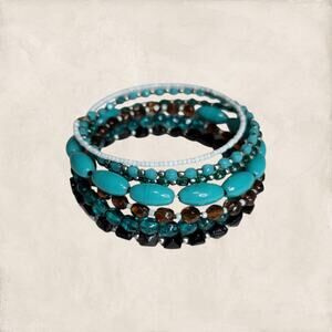 Boho Memory Wire Wrap Bracelet - Green Blue Turquoise Brown & White Glass Beads